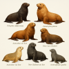Draw 6 different species of otariids (mammals) in color on a light background in 1024x1024 format with their scientific names only