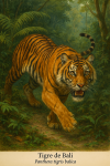 Tigre de Bali (Panthera tigris balica) en action dans son milieu naturel, format 1025x1536, avec les noms franais et scientifique visibles