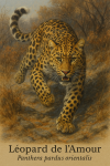 Léopard d’Amour (Panthera pardus orientalis) en action dans son milieu naturel, avec les noms Français et scientifique visibles