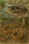 Illustration of a Couleuvre vipérine (Natrix maura) and a Couleuvre d'Esculape (Zamenis longissimus) in action in their natural habitat. The scene should depict both snakes interacting with their environment — the vipérine near water, possibly hunting amphibians, and the Esculape climbing vegetation or basking on rocks. Include their French and scientific names in the image.