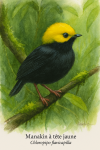 Manakin  tte jaune (Chloropipo flavicapilla) en action dans son habitat naturel, format 1025x1536, avec les noms franais et scientifique visibles