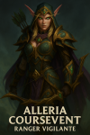 Alleria Coursevent, personnage de World of Warcraft, dans une pose héroïque, avec son nom et son titre en français à l’époque de The War Within