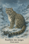 Uncia uncia — Panthère des neiges dans un milieu hostile et naturel enneigé, avec les noms "Panthère des neiges" et "Uncia uncia" intégrés dans l'image