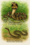 Illustration of Pseudoxenodon macrops (Faux cobra chinois) and Pseudoxenodon bambusicola (Serpent des bambouseraies) in action in their natural habitat, with their French and scientific names displayed. Format: 1025x1536