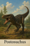 Draw a Postosuchus in action in its natural habitat, including its scientific name.