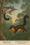 Dessine un Petaurus breviceps (Planeur de sucre) et un Petaurus australis (Phalanger volant à ventre jaune) en action dans leur milieu naturel, avec leurs noms français et scientifiques visibles. Format 1025x1536.
