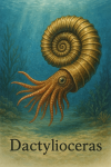 Draw a Jurassic ammonite in action in its natural habitat, including its scientific name.