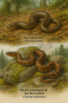 Illustration of two snakes in their natural habitat: Charina bottae (Boa caoutchouc) and Charina umbratica (Boa des montagnes de San Bernardino). The image should depict both species in action, with their French and scientific names labeled. Format: 1025x1536.