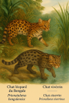 Un Prionailurus bengalensis (Chat léopard du Bengale) et un Prionailurus viverrinus (Chat viverrin) en action dans leur milieu naturel, avec leurs noms français et scientifiques visibles. Format 1025x1536.