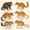 Draw 6 different species of Dasyuromorphs (mammals) in color on a light background in 1024x1024 format, including their scientific names.