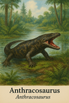 Anthracosaurus en action dans son milieu naturel, avec son nom français et scientifique visible