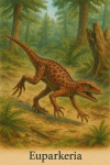 Draw an Euparkeria in action in its natural habitat, including its scientific name.