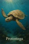 Draw a Protostega in action in its natural habitat, including its scientific name.