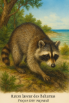 Procyon lotor maynardi (raton laveur des Bahamas) en action dans son milieu naturel, avec son nom français et scientifique visible dans l'image