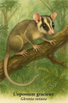 Glironia venusta  L'opossum gracieux en action dans leur milieu naturel, avec les noms Franais et scientifique visibles, format 1025x1536