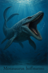 Draw a Mosasaurus in action in its natural habitat, including its scientific name.
