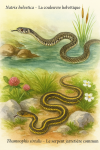 Illustration of Natrix helvetica (La couleuvre helvétique) and Thamnophis sirtalis (Le serpent jarretière commun) in action in their natural habitat, labeled with both French and scientific names