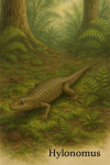 Draw a Hylonomus in action in its natural habitat, including its scientific name.