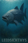 Draw a Leedsichthys in action in its natural habitat, including its scientific name.