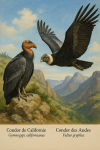 Dessine un Gymnogyps californianus (Condor de Californie) et un Vultur gryphus (Condor des Andes) en action dans leur milieu naturel, avec leurs noms français et scientifiques inclus.