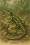 Draw an Eolacerta in action in its natural habitat, including its scientific name.