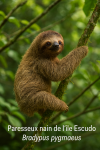 Paresseux nain de lle Escudo (Bradypus pygmaeus) en action dans son milieu naturel, avec son nom franais et scientifique visible
