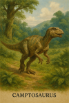 Draw a Camptosaurus in action in its natural habitat, including its scientific name.