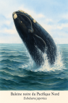 Baleine noire du Pacifique Nord (Eubalaena japonica) en action dans son milieu naturel, avec son nom franais et scientifique visible