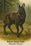Porte-musc noir (Moschus fuscus) en action dans son habitat naturel, format 1025x1536, avec noms franais et scientifique