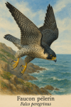 Draw a Peregrine Falcon (Falco peregrinus) diving in its natural habitat, including its French and scientific names.