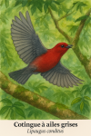 Cotinga  ailes grises (Lipaugus conditus) en action dans son habitat naturel, format 1025x1536, avec les noms franais et scientifique visibles