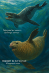 Illustration d'un Léopard des mers (Hydrurga leptonyx) et d'un Éléphant de mer du Sud (Mirounga leonina) en action dans leur milieu naturel, avec leurs noms français et scientifiques visibles, format 1025x1536