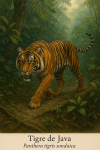 Tigre de Java (Panthera tigris sondaica) en action dans son milieu naturel, avec son nom franais et scientifique visible, format 1025x1536