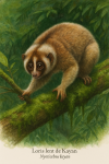 Nycticebus kayan (loris lent de Kayan) en action dans son habitat naturel, avec les noms 'Loris lent de Kayan' et 'Nycticebus kayan' visibles dans l'image