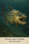 Draw a Goliath Tigerfish (Hydrocynus goliath) in action in its natural habitat, including its French and scientific names.