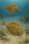 Draw a common dab (Limanda limanda) and a plaice (Pleuronectes platessa) in action in their natural habitat, with their French and scientific names displayed.