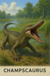 Draw a Champsosaurus in action in its natural habitat, including its scientific name.