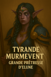 Dessine Tyrande Murmevent, grande prêtresse d'Élune dans World of Warcraft: Vanilla, avec son nom et son titre en français à l'époque de Vanilla.