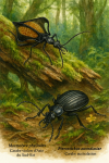 Mormolyce phyllodes (Carabe violon d’Asie du Sud-Est) et Pterostichus australasiae (Carabe australasien) en action dans leur milieu naturel, avec leurs noms français et scientifiques visibles, format 1025x1536