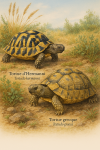Dessine un Testudo hermanni (Tortue d'Hermann) et un Testudo graeca (Tortue grecque) en action dans leur milieu naturel, avec leurs noms franais et scientifiques visibles. Format 1025x1536.