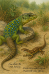 Draw a Lézard ocellé (Timon lepidus) and a Psammodrome algire (Psammodromus algirus) in action in their natural habitat, including their French and scientific names.