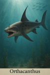 Draw an Orthacanthus in action in its natural habitat, including its scientific name.