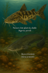 dessine un Poisson-chat géant du diable (Bagarius yarrelli) et un Silure d’Aristote (Silurus aristotelis) en action dans leur milieu naturel avec leurs noms Français et scientifique