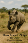 Rhinocros noir dAfrique de lOuest (Diceros bicornis longipes) en action dans son milieu naturel, format 1025x1536, avec noms Franais et scientifique