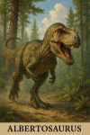 Draw an Albertosaurus in action in its natural habitat, including its scientific name.