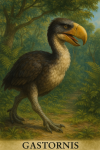 Draw a Gastornis in action in its natural habitat, including its scientific name