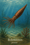 Draw a Jurassic Belemnite in action within its natural habitat, including its scientific name.