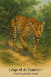 Lopard de Zanzibar (Panthera pardus adersi) en action dans son habitat naturel, format 1025x1536, avec les noms franais et scientifique visibles
