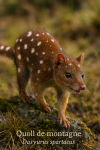 Quoll de montagne (Dasyurus spartacus) en action dans son milieu naturel, avec son nom franais et scientifique visible, format 1025x1536
