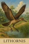 Draw a Lithornis in action in its natural habitat, including its scientific name.